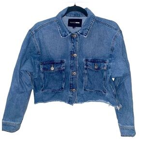 FASHION NOVA Cropped Button Up Frayed Hem Jean Jacket Size M